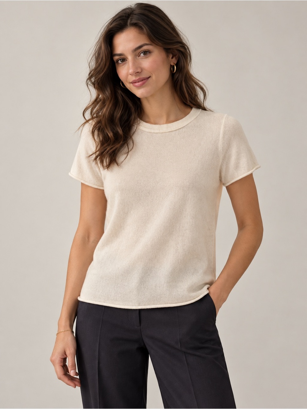 J.Crew 100% Cashmere Short Sleeve Sweater Tee, Ivory, Small Minimalist Capsule